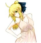  1girl ahoge bare_shoulders blonde_hair bow dress fate/stay_night fate/unlimited_codes fate_(series) green_eyes hair_bow long_hair ponytail saber saber_lily solo 