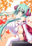  detached_sleeves green_eyes green_hair hatsune_miku japanese_clothes long_hair miko sitting skywaker solo thigh-highs thighhighs twintails very_long_hair vocaloid 
