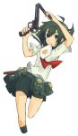  ahoge auru_t black_eyes black_hair dual_wielding gakuen_kino gun holster kino kino_no_tabi mouth_hold no_feet pistol revolver school_uniform short_hair solo weapon white_background 