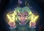  :3 double_v dress earmuffs ebizome electricity glowing glowing_hands green_dress green_eyes green_hair grin hat long_sleeves looking_at_viewer multiple_girls short_hair smile soga_no_tojiko tate_eboshi touhou toyosatomimi_no_miko v |_| 