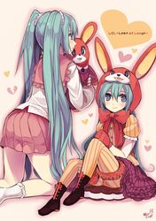  aqua_eyes aqua_hair artist_name bunny bunny_hood gloves hatsune_miku kneeling long_hair lots_of_laugh_(vocaloid) multiple_girls panties panties_under_pantyhose pantyhose pinstripe_pattern rabbit scrunchie seiju_natsumegu sitting skirt smile socks stuffed_animal stuffed_toy title_drop twintails underwear vertical-striped_legwear vertical_stripes very_long_hair vocaloid 