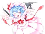  :d ^_^ bat_wings blue_hair blush closed_eyes eyes_closed hair_ribbon hat hat_ribbon open_mouth outstretched_arms remilia_scarlet ribbon skirt smile solo touhou white_background wings yukinon 