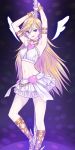  :q ahoge armpits arms_up blonde_hair blue_eyes blush breasts bubuzuke frilled_skirt heart jewelry long_hair looking_at_viewer panty_&amp;_stocking_with_garterbelt panty_(psg) skirt solo stripper_pole tongue wings 