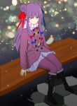  alternate_costume bench boots coat contemporary crescent double_bun frown hair_ornament hair_ribbon kamiyo_jookoo long_hair pantyhose patchouli_knowledge pleated_skirt purple_eyes purple_hair purple_legwear ribbon scarf skirt solo touhou violet_eyes 
