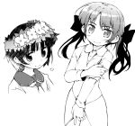  flower hair_flower hair_ornament head_wreath long_hair looking_at_viewer monochrome multiple_girls nanaroku_(fortress76) school_uniform serafuku shirai_kuroko short_hair simple_background smile to_aru_kagaku_no_railgun to_aru_majutsu_no_index twintails uiharu_kazari white_background 