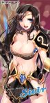  1girl armor bikini_armor black_hair blue_eyes breasts character_name choker cleavage earrings jewelry joypyonn large_breasts league_of_legends long_hair looking_at_viewer midriff navel open_mouth sivir solo 