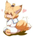  animal_ears blonde_hair blush_stickers child dearmybrothers eating fang fox_ears fox_tail hair_bobbles hair_ornament heart highres multiple_tails outline school_uniform serafuku simple_background smile solo tail touhou white_background yakumo_ran yellow_eyes young 