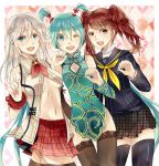  alisa_ilinichina_amiella argyle argyle_background blue_eyes breasts brown_eyes brown_hair china_dress chinese_clothes crossover detached_sleeves god_eater god_eater_2 green_eyes green_hair hatsune_miku kujikawa_rise lace lace-trimmed_thighhighs long_hair moonku multiple_girls navel persona persona_4 project_diva_f school_uniform serafuku skirt thigh-highs thigh_gap thighhighs twintails under_boob underboob very_long_hair vocaloid white_hair wink world&#039;s_end_dancehall_(vocaloid) world's_end_dancehall_(vocaloid) 