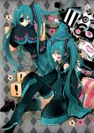  aqua_eyes aqua_hair argyle argyle_background boots character_name detached_sleeves eyepatch hatsune_miku headset long_hair multiple_girls necktie open_mouth seiju_natsumegu sitting skirt sleeves_past_wrists thigh-highs thigh_boots thighhighs twintails very_long_hair vocaloid 
