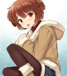  black_legwear blush brown_eyes brown_hair coat hooded_jacket inaho open_mouth original pantyhose short_hair shorts snow snowing solo sweater turtleneck winter_clothes 