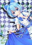  alternate_costume argyle argyle_background blue_eyes blue_hair blush bow cirno dress enmaided hair_bow ice ice_wings looking_at_viewer maid nekosugiayana ribbon short_hair smile solo touhou wings 
