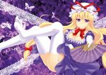  ass blonde_hair bow breasts butterfly cleavage dress elbow_gloves fan feet garter_straps gloves hair_ribbon hand_on_stomach hat hat_ribbon katagiri_chisato large_breasts long_hair looking_at_viewer no_shoes open_mouth outstretched_arm purple_dress purple_eyes ribbon short_sleeves solo thigh-highs thighhighs toes touhou tress_ribbon very_long_hair violet_eyes white_gloves white_legwear yakumo_yukari zettai_ryouiki 