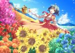  blue_sky breasts cloud clouds dress flower flower_field green_hair juliet_sleeves kazami_yuuka large_breasts long_sleeves mountain necktie open_mouth petals puffy_sleeves rainbow_gradient rainbow_order red_dress red_eyes shirt short_hair sky smile solo sunflower touhou tulip watering watering_can yoshinaga_p 