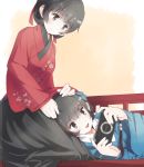  :d black_eyes black_hair chinese_clothes hair_ribbon holding japanese_clothes lap_pillow lying multiple_girls on_side open_mouth original playing_games playstation_portable pvmivs ribbon short_hair smile 