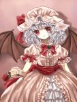  adapted_costume alternate_hair_length alternate_hairstyle bat_wings bow brooch dress flower frilled_dress frills hair_ribbon hat jewelry layered_dress long_hair pink_dress puffy_sleeves red_eyes red_rose remilia_scarlet ribbon rose sash short_sleeves silver_hair smile solo touhou wings wrist_cuffs yuki_201 