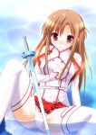  :o asuna_(sao) bare_shoulders blush breasts brown_eyes brown_hair detached_sleeves highres long_hair misumi_natsuki panties sitting skirt solo sword sword_art_online thigh-highs thighhighs underwear water weapon white_legwear white_panties 