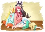  4girls ahoge biting black_hair blonde_hair blue_eyes blue_hair blush bow closed_eyes feet hair_down hair_over_one_eye half-closed_eyes hands_on_another&#039;s_head happy hat highres hoshikawa_lily indoors lap_pillow long_hair long_sleeves lying minamoto_sakura multicolored_hair multiple_girls nikaidou_saki open_mouth oversized_clothes pajamas pants petting polka_dot polka_dot_bow redhead shirt sitting skirt sleeping smile socks streaked_hair striped striped_hat striped_shirt very_long_hair yamada_tae zombie_land_saga 