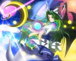  1girl beam crescent demon_wings earth ghost_tail green_eyes green_hair hair_in_mouth hat hat_ribbon kuon_no_rakuen light_particles long_hair looking_away magic_circle mima moon open_hand outstretched_arm pentagram red_moon ribbon skirt skirt_set smile solo space staff touhou touhou_(pc-98) wings wizard_hat 