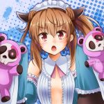  &gt;:o :o anti_(untea9) bare_shoulders blush breasts brown_hair detached_sleeves gunslinger_stratos horns long_sleeves looking_at_viewer open_clothes open_mouth open_shirt red_eyes rindo_sidune short_hair side_ponytail solo stuffed_animal stuffed_toy teddy_bear 
