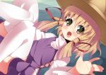  blonde_hair blush brown_eyes dress fang hair_ribbon hat long_sleeves moriya_suwako open_mouth purple_dress ribbon shirt side_slit solo takashiru thigh-highs thighhighs touhou white_legwear wide_sleeves zettai_ryouiki 