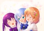  3girls :d ^_^ absurdres blue_bow blue_bowtie blue_eyes blue_hair blue_vest blush bow bowtie brown_hair closed_eyes collared_shirt gochuumon_wa_usagi_desu_ka? hair_ornament hairclip highres hoto_cocoa hug hug_from_behind kafuu_chino long_hair mika_miche multiple_girls open_mouth pink_vest purple_bow purple_bowtie purple_hair purple_vest rabbit_house_uniform shiny shiny_hair shirt smile sparkle tedeza_rize twintails upper_body vest wavy_mouth white_background white_shirt wing_collar x_hair_ornament 