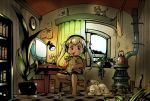  azito7 barefoot blonde_hair book cat child computer long_hair monitor oekaki_musume original pen room solo twintails 