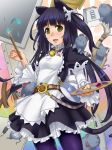  apron bell belt black_hair brown_eyes brush canvas_(object) cat_ears ldl long_hair maid mouse oekaki_musume original paintbrush palette pantyhose ribbon solo tail yellow_eyes 