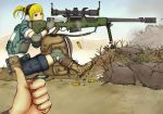  backpack bag blonde_hair bulletproof_vest g-e-n green_eyes gun highres iris_(material_sniper) material_sniper rifle scope shell_casing smile sniper_rifle weapon 