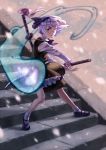  fighting_stance frills gathers ghost hair_ribbon katana konpaku_youmu konpaku_youmu_(ghost) lavender_hair mary_janes myon petals purple_eyes ribbon shoes short_hair silver_hair socks solo stairs stare sword touhou weapon white_legwear 