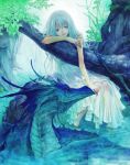  blue_eyes dragon dress fantasy long_hair machi555 monster nature smile tree 
