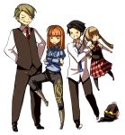  black_eyes black_hair blonde_hair boots brown_hair cape closed_eyes groin_kick grumpy kick kicking long_hair male necktie open_mouth orange_hair short_hair siblings smile tamakeri twintails umineko_no_naku_koro_ni ushiromiya_eva ushiromiya_kinzo ushiromiya_kinzou ushiromiya_krauss ushiromiya_rosa ushiromiya_rudolf young 