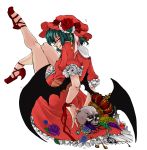  blue_hair crown dress flower from_behind hat highres jewelry knife legs licking_lips looking_back moeshimo_(pixiv) red_eyes remilia_scarlet ribbon rose short_hair skull solo touhou wings 