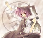  bad_id brown_eyes clenched_hand hat itsutsuki looking_at_viewer microphone mystia_lorelei open_mouth outstretched_arm pink_hair raised_fist short_hair smile solo touhou wings yellow_eyes 