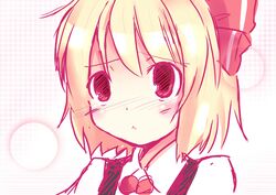  :&lt; blonde_hair blush hair_ribbon red_eyes ribbon rumia shichinose short_hair solo touhou 