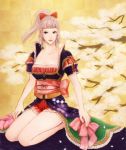  bad_id bare_legs blue_eyes bow bows corset fumokero granado_espada japanese_clothes kimono lace pink_hair ponytail ribbon seiza sitting smile 