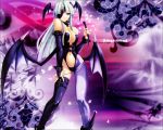  bat_wings boots breasts buckles capcom cat_eyes cleavage demon_girl elbow_gloves english eyepatch fingerless_gloves gloves green_eyes headwings long_hair morrigan_aensland pantyhose purple smile solo star succubus text translated vampire_(game) wallpaper whip white_hair wings 