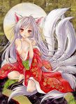  bare_shoulders blush breasts face finger_to_mouth fox_ears fox_tail japanese_clothes kimono long_hair looking_at_viewer multiple_tails off_shoulder original red_eyes silver_hair smile solo tail toyoda_izumi very_long_hair 