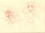  begbeing blush brown collar fairy flat_chest golem happy izuru_(timbermetal) long_hair midriff monochrome monster navel original pointy_ears sketch smile traditional_media twintails yellow_background 