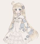  blonde_hair blue_eyes blush bow buttons dress hairband large_buttons long_hair long_sleeves original solo traditional_media 