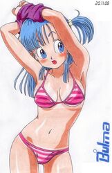  1girl 2008 artist_request bikini blue_eyes blue_hair blush bulma character_name cowboy_shot cute dragon_ball perfection solo swimsuit tagme undressing 