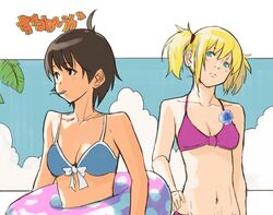  2girls blonde_hair breasts brown_hair character_request cleavage innertube short_hair swimsuit tagme yuzu_(yuzu_nooto) 