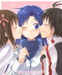  3girls cheek_kiss happy_birthday idolmaster incipient_kiss kikuchi_makoto kisaragi_chihaya kiss raglan_sleeves yuri 