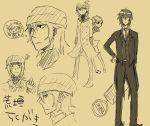  aragaki_shinjirou bad_id beanie blush brown brown_background expressions female_protagonist_(persona_3) formal hat monochrome necktie oyone persona persona_3 persona_3_portable simple_background sketch suit trench_coat trenchcoat 