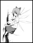  alternate_costume bow casual cirno contemporary feet_in_water hair_bow monochrome onigunsou short_hair sitting skirt soaking_feet solo touhou water wings 