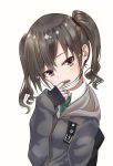  1girl :o bangs black_hair black_jacket blush brown_eyes collared_shirt commentary_request eyebrows_visible_through_hair finger_in_mouth green_neckwear hand_up head_tilt highres hood hood_down hooded_jacket idolmaster idolmaster_cinderella_girls jacket long_hair long_sleeves looking_at_viewer mole mole_under_eye necktie open_mouth ryouta_(ryouta335) sharp_teeth shirt sidelocks simple_background sleeves_past_wrists solo sunazuka_akira surgical_mask teeth twintails upper_body wavy_hair white_background white_shirt 