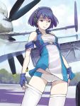  airplane bare_shoulders bob_cut character_request dmitry_popov fingerless_gloves gloves headphones headset highres isle_of_winds jetto_(pixiv) panties pantyshot plane propeller purple_eyes purple_hair short_hair smile solo thighhighs underwear yumi_(isle_of_winds) 