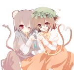  2girls bad_id brown_hair cat_ears cat_tail chen earrings grey_hair heart heart_tail jewelry mouse_ears mouse_tail multiple_tails nazrin paretto pendant red_eyes short_hair tail touhou yukiusagi_(paretto) 