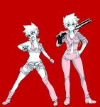  bodysuit breasts crop_top fingerless_gloves genderswap gloves gun hand_on_hip kittan matsukaze_yukiji midriff multicolored_hair necktie shorts shotgun single_pantsleg tengen_toppa_gurren_lagann thigh_strap two-tone_hair weapon yuutu 