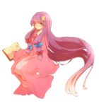  biij blunt_bangs book bow crescent crescent_moon hair_bow hair_ornament kurosujuu long_hair looking_at_viewer no_hat no_headwear open_book patchouli_knowledge pink purple_hair red_eyes robe sitting solo stare striped touhou very_long_hair violet_eyes 