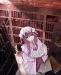  1girl bookshelf brick checkered checkered_floor crescent hair_ribbon hat highres library long_hair looking_up patchouli_knowledge purple_eyes purple_hair reading ribbon shippu_man solo touhou violet_eyes voile 